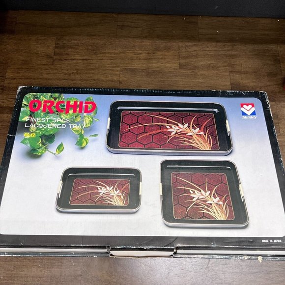 VINTAGE SHADDY ORCHID 3 PCS LACQUERED TRAYS SET OF 3 JAPAN ORIGINAL BOX NEW - Picture 1 of 7